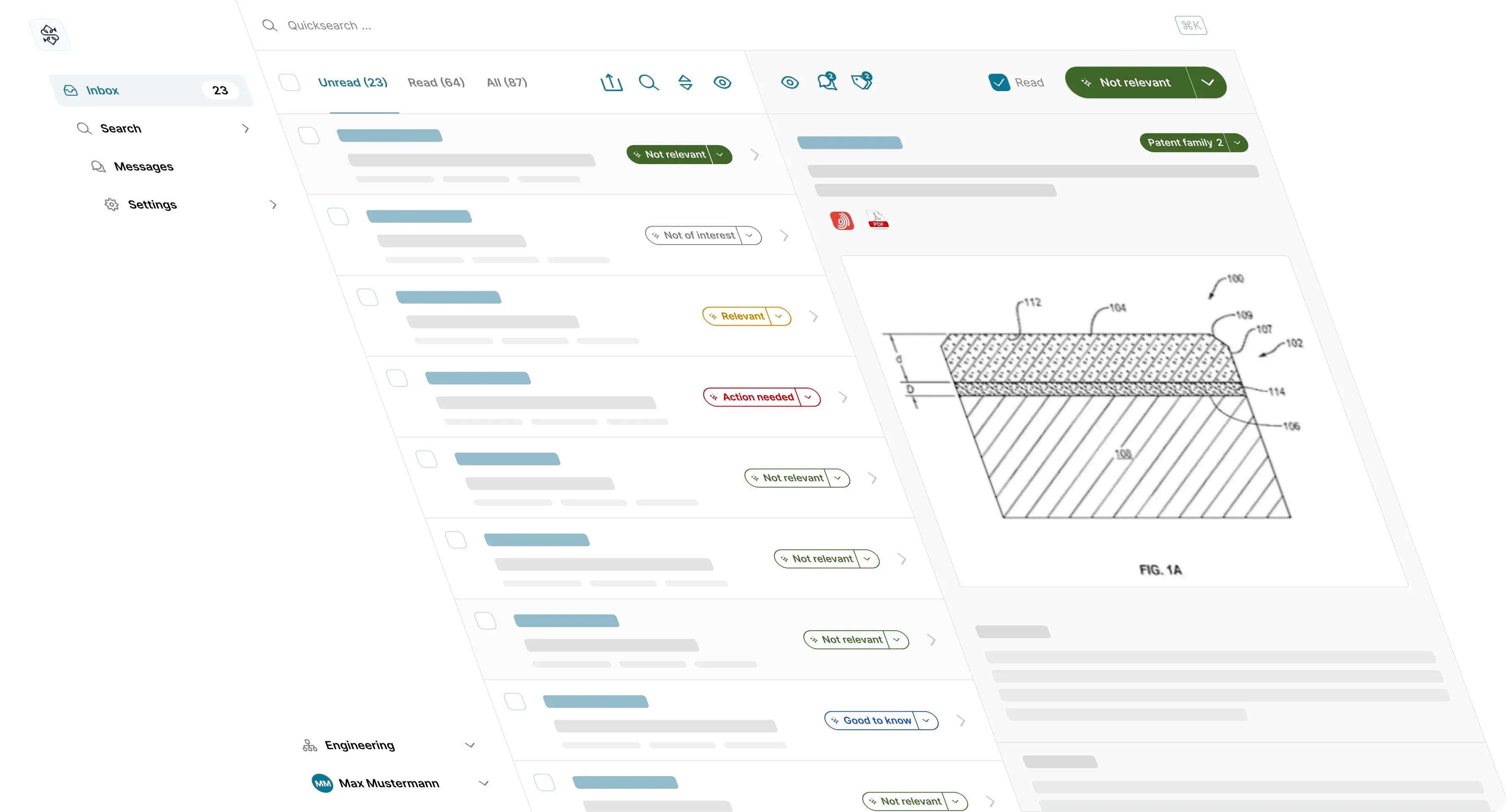 CFProfile application: inbox with AI-classified patent hits and detail view of an IP right