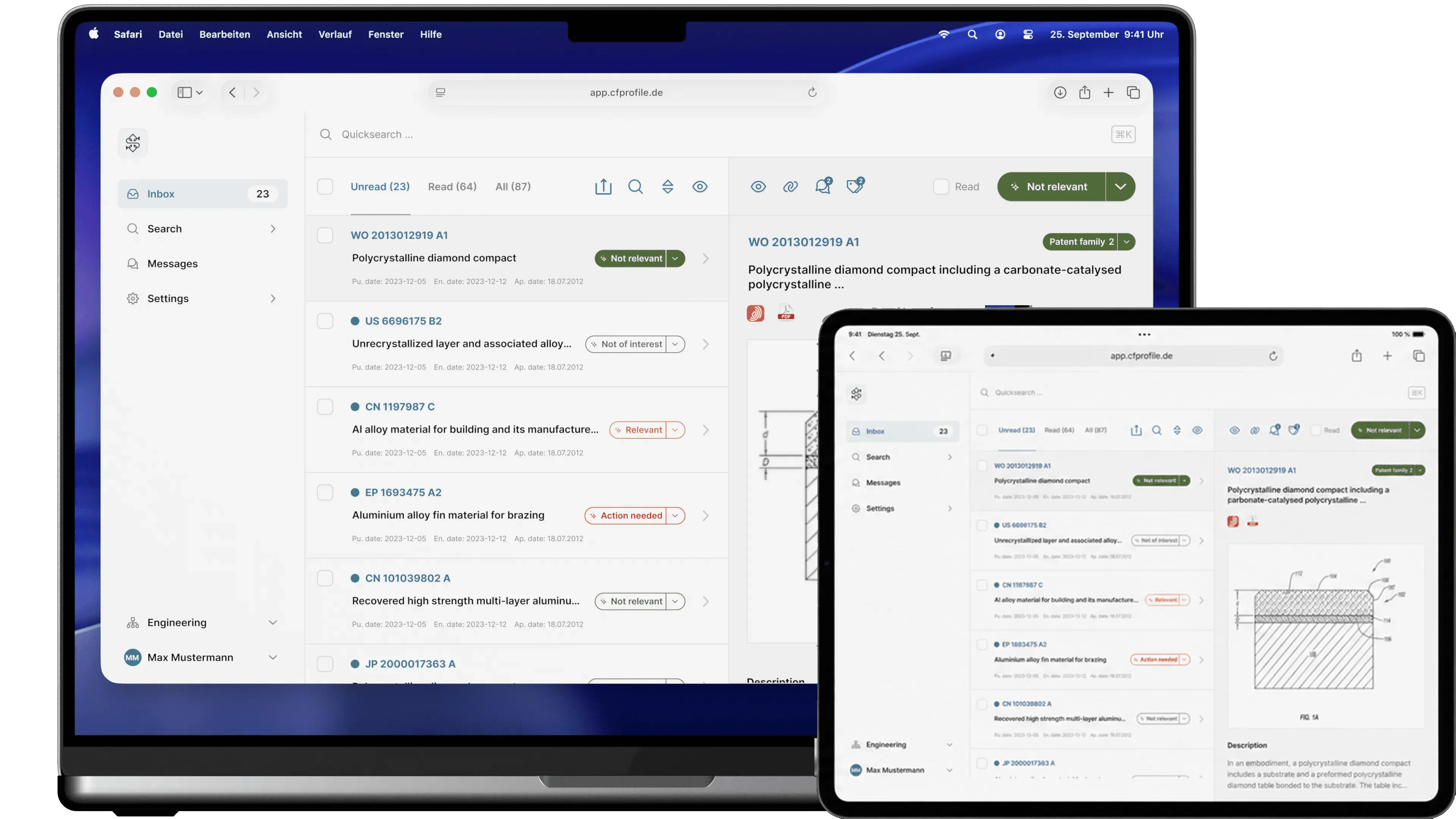 CFProfile running in the browser on MacBook and iPad